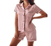 YUSHOW Ensemble de Pyjama Femme en Satin Short Pyjama à Manches Courte Boutonnée Légère 2 Pièce Vêtements de Nuit en Soie Sleepwear Pjs Set,Rose,L