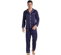 YUSHOW Ensemble de Pyjama Homme en Satin Pyjama à Manches Longues Boutonnée Légère 2 Pièce Vêtements de Nuit en Soie Sleepwear Pjs Set pour Printemps été Automne,Bleu Marine,XL