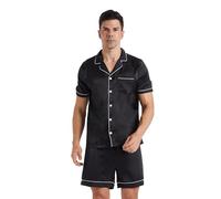 YUSHOW Ensemble de Pyjama Homme en Satin Short Pyjama à Manches Courte Boutonnée Légère 2 Pièce Vêtements de Nuit en Soie Sleepwear Pjs Set,Noir,XL