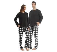 YUSHOW Ensemble de pyjama pour couples - Ensemble pyjama à carreaux pour hommes et femmes - Chemises thermiques et pantalons en polaire, carreaux blancs et noirs, L