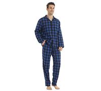 YUSHOW Ensembles de Pyjama Homme à Carreaux Coton Vêtements de Nuit Manche Longue Haut et Bas, Plaid Bleu Noir, L