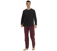 YUSHOW Ensembles de Pyjama Homme Hiver Henley T-Shirt en Polaire à Long Manche Ultra Doux Flanelle Bas de Pyjamas Carreaux avec Poches Vêtements de Détente, Noir + Rouge Rayures Noires, L