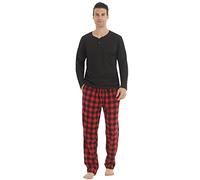 YUSHOW Ensembles de Pyjama Homme Hiver Henley T-Shirt en Polaire à Long Manche Ultra Doux Flanelle Bas de Pyjamas Carreaux avec Poches Vêtements de Détente, Noir + Rouge Noir À Carreaux, XL