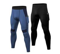 YUSHOW Lot de 2 Leggings de Compression pour Homme - Collant de Course à Pied - Couche de Base - Pantalon de Cyclisme pour entraînement, athlétisme, entraînement, Noir + Gris Bleu, 31-35