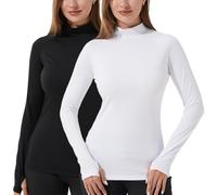 YUSHOW Lot de 2 maillots de corps thermiques à manches longues pour femme - Avec demi-col roulé - Thumbhole - T-shirt de compression - Sous-vêtements chauds - T-shirt fonctionnel, Noir/blanc, L