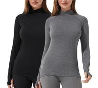 YUSHOW Lot de 2 maillots de corps thermiques à manches longues pour femme - Avec demi-col roulé - Thumbhole - T-shirt de compression - Sous-vêtements chauds - T-shirt fonctionnel, Noir + gris., L
