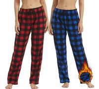 YUSHOW Lot de 2 Pantalon de Pyjama Femme en Polaire Hiver à Carreaux Bas de Pyjama Chaud Doux et Confortable,Bleu Noir+Rouge Noir,L