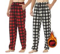 YUSHOW Lot de 2 Pantalon de Pyjama Homme en Polaire à Carreaux Hiver Bas de Pyjama Souple avec Poches Confortable Vêtements de Nuit,Plaid rouge + Plaid noir et blanc,L