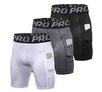 YUSHOW Lot de 3 Short de Compression Homme Short de Course avec Poches Fitness Short Running Collant Cool Dry Cycliste Sport Gym-Noir+Gris+Blanc-M