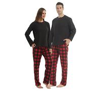 YUSHOW Pyjama assorti pour couples de Noël pour femmes, ensemble de pyjama thermique et pantalon à carreaux, ensemble de pyjama assorti noir