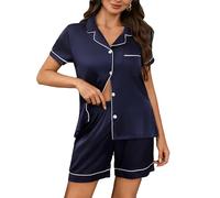 YUSHOW Pyjama Femme en Satin Short Ensemble Pijamas Manches Courte Boutonnée Ete Légère 2 Pièce Vêtements de Nuit en Soie Sleepwear Pjs Set,Bleu Marine,L