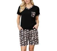 YUSHOW Pyjama Femme Ete Court Tee Shirt Col V Manches Courtes Bas Pyjama Short avec Poches Ensemble Vêtements de Nuit Doux Leger,Lèvres léopard,S