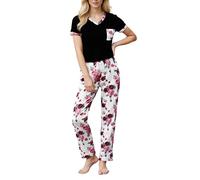 YUSHOW Pyjama Femme Ete Tee Shirt Col V Manches Courtes Bas Pyjama Long avec Poches Ensemble Vêtements de Nuit Doux Leger,Rose Blanche,S