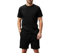 YUSHOW Pyjama Homme Court Été Côtes Hauts à Manches Courtes Col Rond Pyjashort Pantalon Doux Comfortable Unie Vêtements de Nuit Pièces Leger,Noir,M