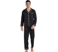 YUSHOW Pyjama Homme en Satin Ensemble de Pyjama Boutonnée Légère 2 Pièce Vêtements de Nuit en Soie Sleepwear Pjs Set pour Printemps été Automne,Noir,XL