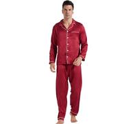 YUSHOW Pyjama Homme en Satin Ensemble de Pyjama Boutonnée Légère 2 Pièce Vêtements de Nuit en Soie Sleepwear Pjs Set pour Printemps été Automne,Rouge Vin,L