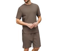 YUSHOW Pyjama Homme Été Court Côtes T-Shirt à Manches Courtes Col Rond Short de Pantalon Pijama Doux Unie Vêtements de Nuit Pièces Leger,Marron,XL