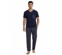 YUSHOW Pyjama Homme Hauts Manches Courtes col V et Carreaux Pantalon Long Pyjamas avec Poches Ensembles Vêtements de Nuit Été Doux Comfortable,Bleu Marine à Carreaux,XL