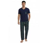 YUSHOW Pyjama Homme Hauts Manches Courtes col V et Carreaux Pantalon Long Pyjamas avec Poches Ensembles Vêtements de Nuit Été Doux Comfortable,Vert à Carreaux,L