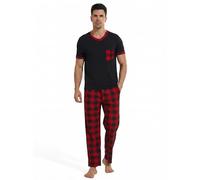 YUSHOW Pyjama Homme Hauts Manches Courtes col V et Carreaux Pantalon Long Pyjamas avec Poches Ensembles Vêtements de Nuit Été Doux Comfortable,Rouge-Noir à Carreaux,XL