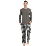 YUSHOW Pyjama Homme Long Hiver Henley T-Shirt à Long Manche Ultra Doux Bas de Pyjama Carreaux avec Poches Vêtements de Détente en Polaire, Gris Foncé+Gris Noir À Carreaux, XL