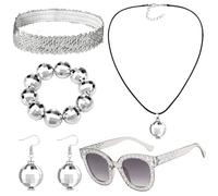 YUSHWENPTY Accessoire Disco Paillette 6 Pièces Accessoires Annee 70 Femme Serre Tête Boucles D'Oreilles Disco Bracelet Collier Lunettes pour Deguisement Année 70 Disco (Argent)