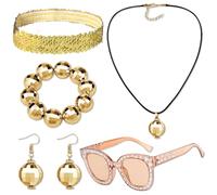 YUSHWENPTY Accessoire Disco Paillette 6 Pièces Accessoires Annee 70 Femme Serre Tête Boucles D'Oreilles Disco Bracelet Collier Lunettes pour Deguisement Année 70 Disco (Or)