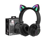 YUSONIC Casque sans fil Bluetooth pliable avec oreilles de chat et LED pour tablette Amazon Fire, ordinateur portable, iPad, école (noir)