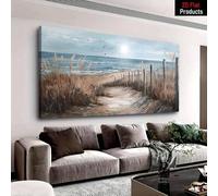 YUSUZHU Grande scène de plage en bord de mer, vagues de l'océan, roseaux au bord de la plage, phare au loin, mouettes volantes, peinture sur toile, art 70x140cm sans cadre