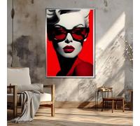 YUSUZHU Impression sur toile du portrait d'une jeune fille rouge et noire - Femme minimaliste avec lunettes de soleil - Affiches de peinture d'art contemporain (80x120cm/cadre intérieur)
