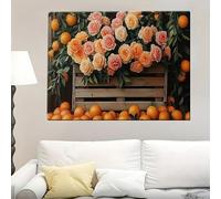 YUSUZHU Impression sur toile florale historique élégante - Roses orange et roses dans une caisse rustique, peinture Art déco (50 x 70 cm, sans cadre)