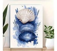 YUSUZHU Impressions murales - Aquarelle représentant une mer bleue avec coquillages blancs et bleu marine, grande toile, décoration de maison de plage (60 x 80 cm, cadre intérieur)