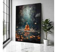 YUSUZHU Moine méditant en forêt, tableau sur toile représentant un étang de lotus, décoration spirituelle et yoga, peinture zen, impression pour la décoration intérieure (70 x 100 cm, sans cadre)