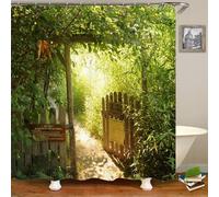 YUSUZHU Rideau de Douche en Bambou Vert avec Crochets, Paysage printanier avec clôture en Bois Ouverte, allée vers Le Jardin, Tissu de Bain, Salle de Bain, 280 x 200 cm (l x H)