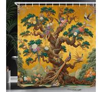 YUSUZHU Rideau de Douche Vintage à Motif Floral et végétal, en Tissu Vert avec Motif de Paon et de Vigne, avec 12 Crochets (180 x 200 cm / 71 x 79 Pouces (L x H) / Couleur)