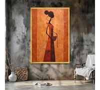 YUSUZHU Silhouette de femme africaine sur toile - Peinture tribale abstraite avec panier - Décoration ethnique aux tons chauds de la terre (40 x 60 cm/cadre intérieur)