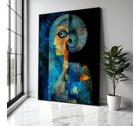 YUSUZHU Tableau abstrait représentant une figure humaine bleue, art géométrique avec corne en spirale, motif de poisson, impression sur toile contemporaine (80x120cm/sans cadre)