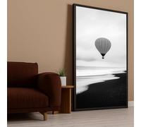 YUSUZHU Tableau de montgolfière en noir et blanc, art mural minimaliste de plage, paysage océanique, décoration murale sur toile, impression de sérénité calme (55x100cm/sans cadre)