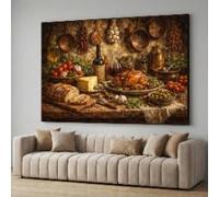 YUSUZHU Tableau rustique sur toile représentant un festin de cuisine, un dîner de poulet rôti, une nature morte culinaire vintage, une décoration murale (60 x 90 cm/sans cadre)
