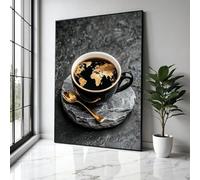 YUSUZHU Tableau sur toile « Carte du caf頻, tasse noire ornée d'une carte dorée, décoration murale pour la cuisine, affiche sur toile, tableau décoratif (60 x 90 cm/cadre intérieur)