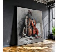 YUSUZHU Tableau sur toile représentant des instruments de musique classiques : violon et violoncelle, nature morte de saxophone, partition musicale (45 x 45 cm/sans cadre)