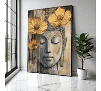YUSUZHU Tableau sur toile représentant un visage de Bouddha serein, orné de fleurs dorées, peinture de méditation spirituelle, décoration zen pour la maison, affiche (60 x 90 cm avec cadre intérieur)