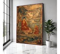 YUSUZHU Tableau vintage sur toile représentant Bouddha enseignant, peinture bouddhiste ancienne, scène de méditation, décoration spirituelle pour la maison, impression (80 x 110 cm/cadre intérieur)