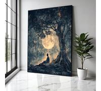 YUSUZHU Toile de méditation du Bouddha, art mural nuit de pleine lune, silhouette d'arbre, décoration zen spirituelle, peintures, affiches et impressions (80x120cm/sans cadre)