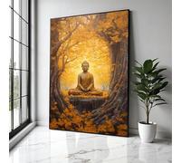 YUSUZHU Toile de méditation du Bouddha doré, art mural forêt d'automne, décoration zen spirituelle, scène de nature paisible, peinture imprimée (50x70cm/sans cadre)