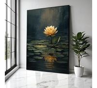 YUSUZHU Toile Fleur de Lotus Doré, Reflet de Nénuphar, Décoration Murale, Étang Nature, Décoration Florale et Botanique, Impressions (80x110cm/Sans Cadre)