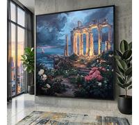 YUSUZHU Toile représentant des ruines, paysage marin, jardin fleuri avec roses, coucher de soleil sur l'océan, tableau décoratif d'architecture historique (80x80cm/cadre intérieur)