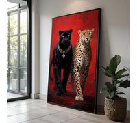 YUSUZHU Toile représentant une panthère noire et un guépard tacheté, art mural animalier majestueux, décoration animale sur fond rouge, impression sur toile (70 x 110 cm avec cadre intérieur)