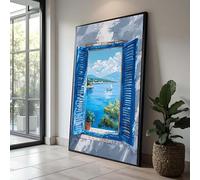 YUSUZHU Vue côtière à travers des volets bleus, toile murale à thème nautique, paysage de la mer Méditerranée, décoration intérieure (21 x 30 cm, sans cadre)