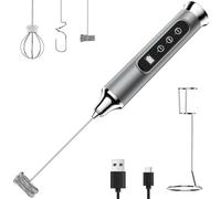 YUSWKO Mousseur à lait argenté avec support, mousseur à café portable, mélangeur de boisson rechargeable, fouet électrique étanche